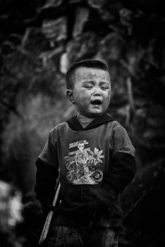 Emotional black and white portrait of a crying child outdoors, capturing raw emotion.