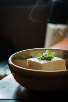 Delicious hot tofu topped with fresh green onions in a rustic bowl from a Kyoto restaurant.
