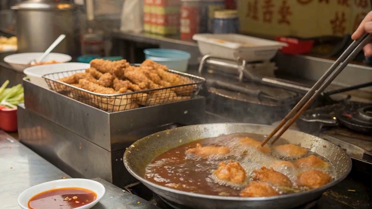 夜市素材 - 街头食品 /  烹饪 /  油炸 /  亚洲食品 /  夜市 /  酥脆的 /  嘶嘶作响 /  炒锅 /  美味的 /  大排档 /  油 /  小吃 /  旅行 /  晚餐 /  厨师 /  ai产生的