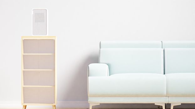 Modern minimalist living room featuring a pale blue sofa and wooden side table against a white wall.
