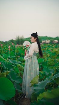 A young woman in traditional hanfu poses gracefully with a paper fan amidst a lush lotus field.