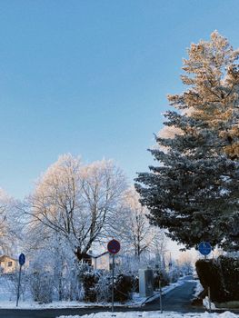 A serene winter street scene in Landsberg am Lech, Germany, with snow-covered trees and road signs.