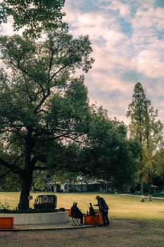 Two people relaxing under large trees in a Nanjing park, capturing a serene outdoor scene.