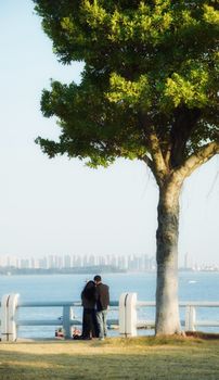 A couple embraces under a tree at a waterfront park with city skyline view.