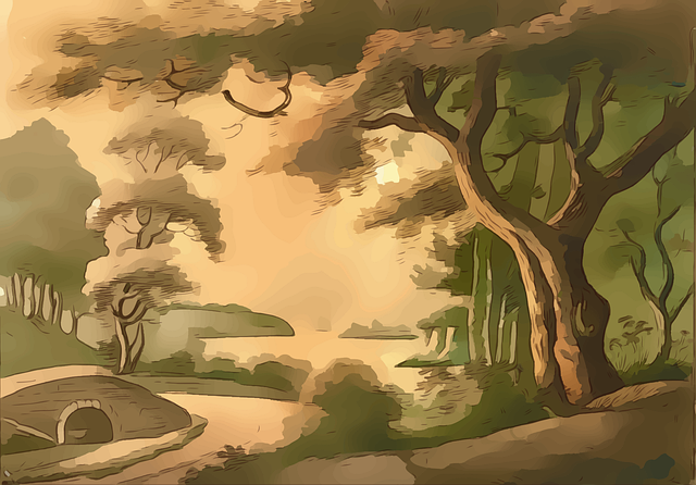 古画素材 - 景观 /  树 /  自然 /  绿色 /  桥 /  河 /  场景 /  古画 /  阳光 /  树木 /  森林 /  平静的 /  夏天 /  神秘