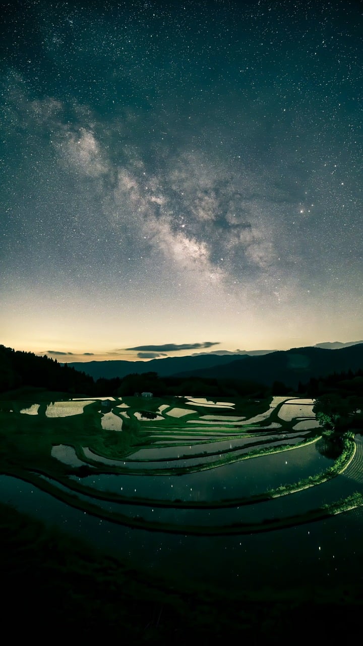 星空素材 - 夜景 /  山田的稻田 /  水稻种植 /  水稻梯田 /  星空 /  银河系 /  水面上的倒影 /  日本