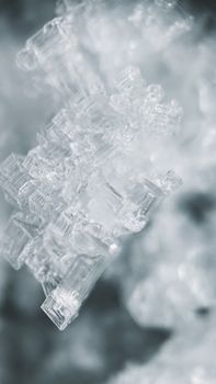 Detailed view of intricate frosty ice crystals, capturing winter's unique geometric beauty.